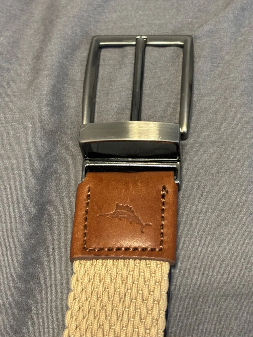 Tommy Bahama Men’s Reversible Woven Belt L/XL 38-42 Khaki Navy Leather Trim